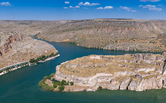 Aerial View of Rumkale Historic Fortress Surrounded by the Euphrates River in Gaziantep, Turkey