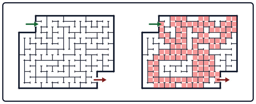 17x13 maze puzzle solution set featuring blank labyrinth and solved version with highlighted red path for business problem solving and strategy concept illustration