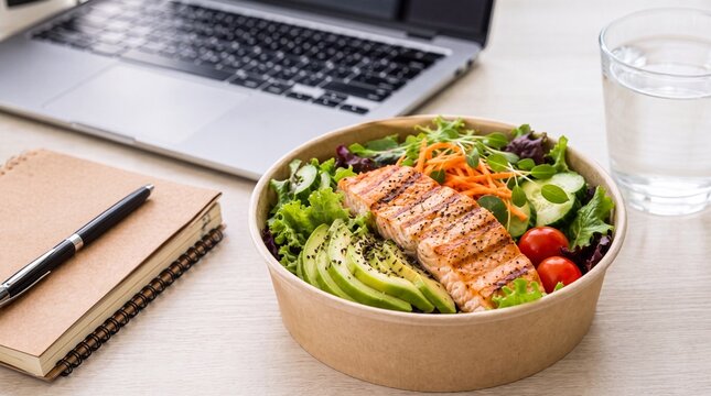 A healthy, fresh salmon salad bowl with avocado and vegetables served for a quick office lunch next to a laptop, notebook, and a glass of water.