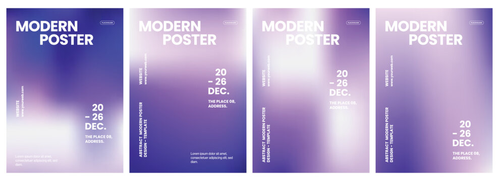 Modern vertical flyer templates featuring vibrant purple and blue gradient backgrounds with clean white typography for professional event promotion