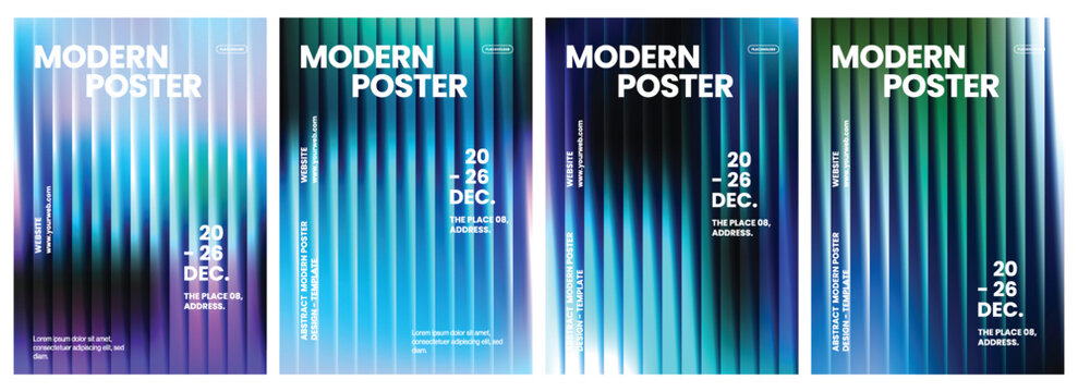 Vertical modern posters featuring vibrant gradient backgrounds with white bold typography and clean layouts for professional event advertising designs