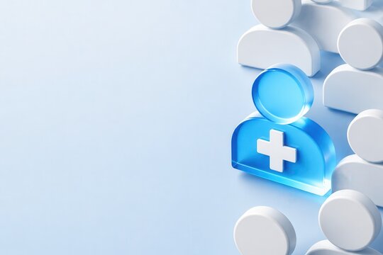 Social media user profile icon with plus sign among people on light blue copy space background