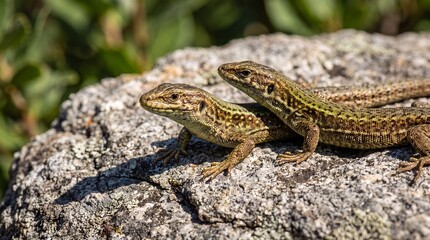 Fototapeta premium A high-detail close-up of two common wall lizards, Podarcis muralis, resting and sunbathing on a rough lichen-covered stone in their natural habitat.