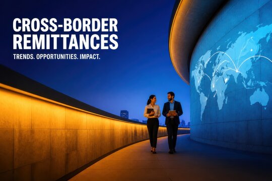 Cross border remittances concept with business people in modern urban architecture