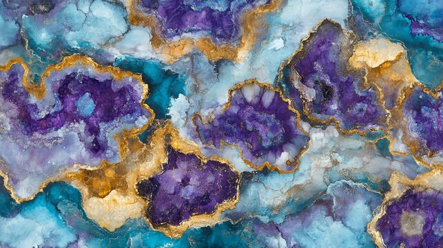 Abstract purple gold teal ink art, textured background, design element