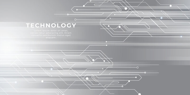 Technological background featuring grey circuit lines and digital nodes with sample text area.