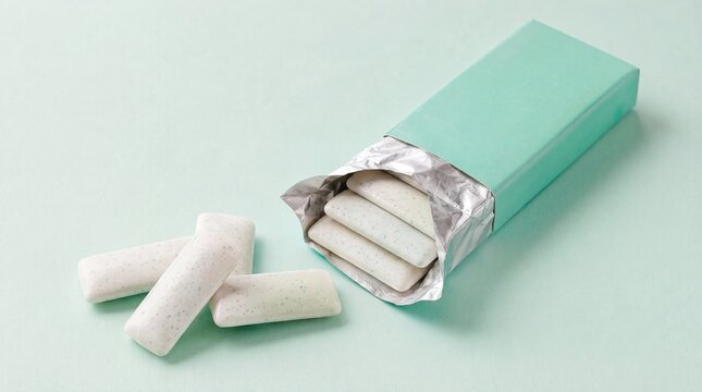 A pack of fresh mint chewing gum with individual pieces spilling out, arranged on a soft pastel mint-colored background.