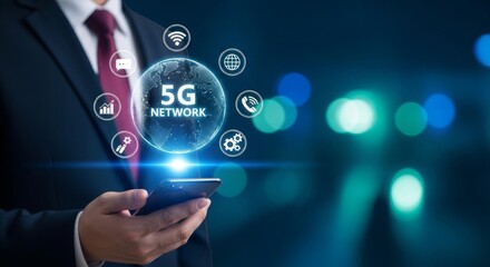 Fototapeta premium Businessman using smartphone with 5g network digital hologram global connectivity