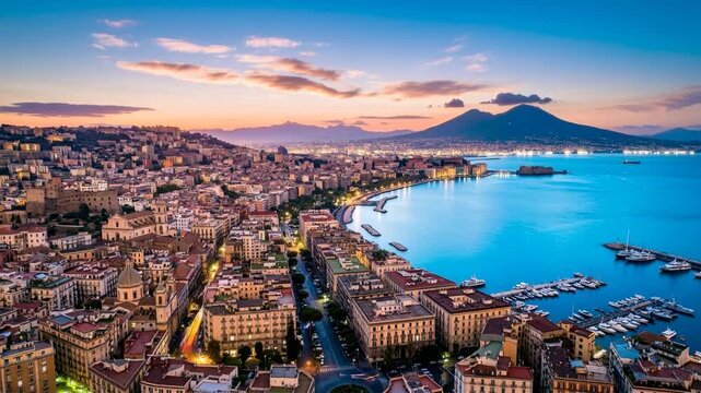 timelapse aerial view of naples italy city skyline with vesuvius in the distance, from sunset to night video