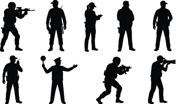 Law Enforcement and Military Personnel Silhouette Vector Set in Tactical and Communication Poses
