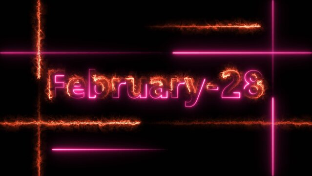 Abstract Neon February 28 calendar date 4k illustration. Neon bright 28 February date text magenta red color 4k illustration. Suitable for event promotion, important.