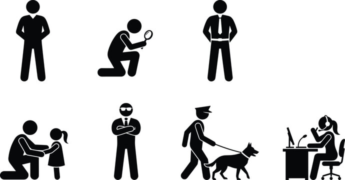 Police and Investigative Roles Silhouette Vector Set with Detective, Security, and Canine Units