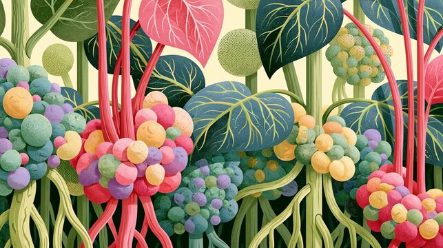 A vibrant illustration of root nodules on plants, showcasing colorful nitrogen-fixing bacteria interacting with roots in a lush ecosystem.