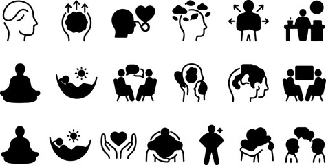 Fototapeta premium Set of mental health and psychology themed solid black vector icons