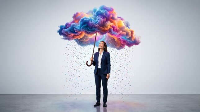 A person in a business suit holding a giant, colorful umbrella, but the umbrella is made of raining clouds, surreal weather concept, vibrant saturated colors, conceptual art, clean studio lighting.