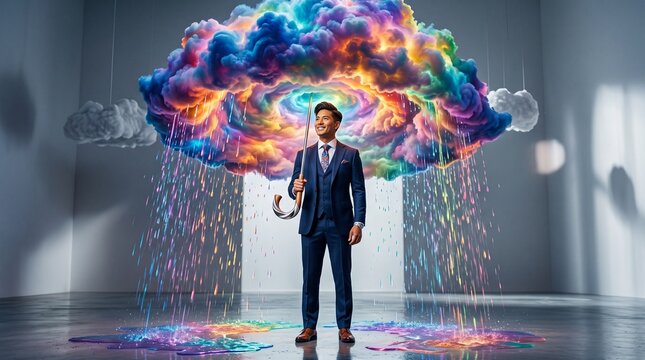 A person in a business suit holding a giant, colorful umbrella, but the umbrella is made of raining clouds, surreal weather concept, vibrant saturated colors, conceptual art, clean studio lighting.