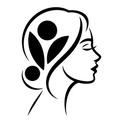 Minimalist Woman Face Vector Illustration Leaf Hair Black Line Art Profile © Akunji Turza