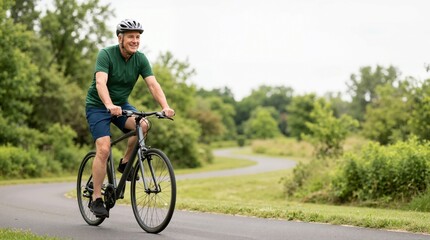 Fototapeta premium Smiling active senior man riding a bicycle on a paved path in a green park. Elderly male cyclist wearing a helmet enjoying healthy outdoor exercise
