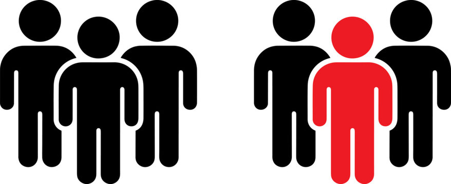 Silhouette Group Standing Together with One Highlighted Figure in Red Isolated on White