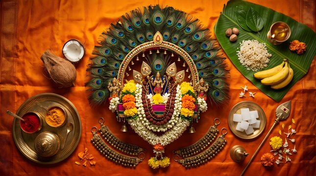 Festival Kavadi Attam Devotee Colorful Peacock Kavadi Flat Lay Tamil Nadu