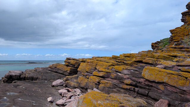 Rocky coastal landscape on Ilot Saint-Michel, Erquy, Brittany, France. 