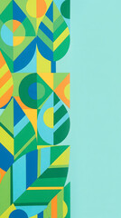 Geometric abstract illustration featuring green plant motifs with colorful shapes and patterns
