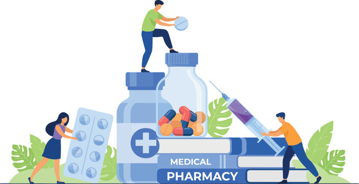 Online pharmacy medical concept vector illustration with tiny people characters carrying giant pill blister packs medicine bottle and healthcare injection syringe