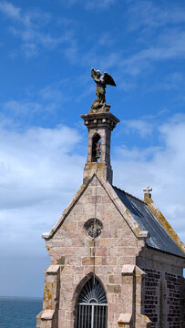 Saint-Michel chapel on the tidal island Ilot Saint-Michel in Erquy, Brittany, France. 