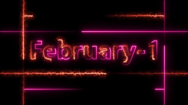 Abstract Neon February 1 calendar date Animation 4k video. Neon bright 1 February date text magenta red color animation. Suitable for event promotion, important.
