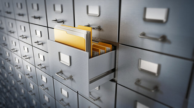 Filing cabinet with a single yellow folder in an open drawer. 3D illustration