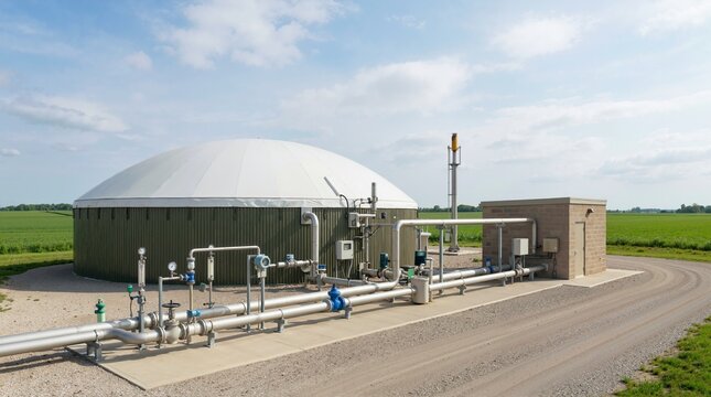 Biogas methane collection system facility in rural landscape. Renewable energy digester tank with pipes and valves. Agricultural waste management