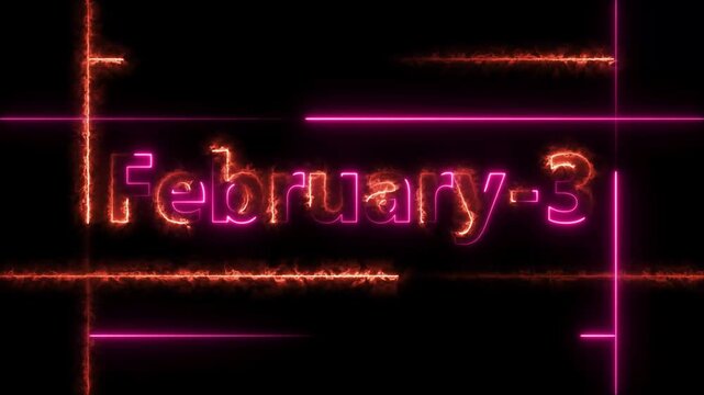 Abstract Neon February 3 calendar date Animation 4k video. Neon bright 3 February date text magenta red color animation. Suitable for event promotion, important.