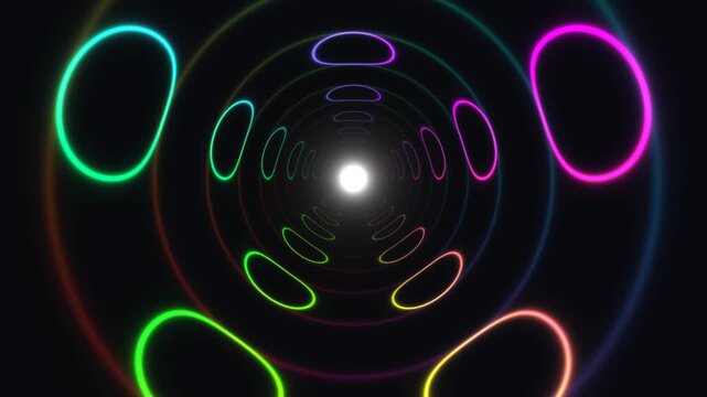 Colorful light patterns swirl in a dark tunnel effect