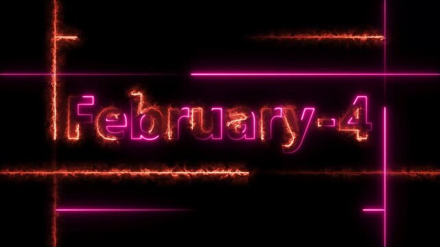 Abstract Neon February 4 calendar date Animation 4k video. Neon bright 4 February date text magenta red color animation. Suitable for event promotion, important.