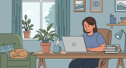 Fototapeta premium Flat illustration of person sitting at desk hesitating before decision, hand on chin, laptop open but idle, sticky notes blank on desk, remote worker, freelance, work from home, work from anywere,