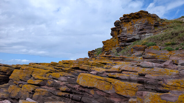 Rocky coastal landscape on Ilot Saint-Michel, Erquy, Brittany, France. 