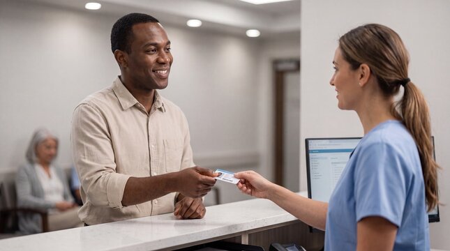 A man smiles while handing his medical insurance ID card to a female receptionist at a hospital or clinic front desk, with a patient waiting in the background.