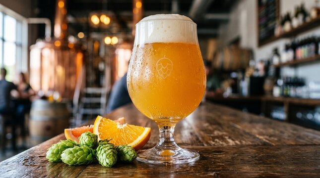 Refreshing Craft IPA Beer in Tulip Glass with Fresh Hop Cones and Orange Slices on Brewery Bar Counter Highlighting Citrus Aroma and Flavor