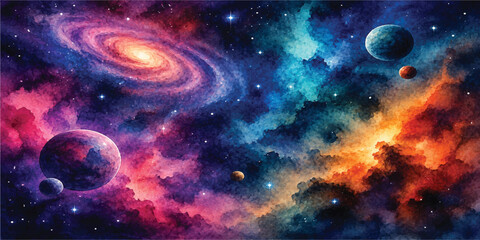 Vibrant Cosmic Galaxy with Planets and Nebula Energy Field © sabia