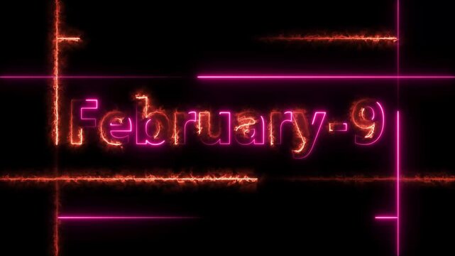 Abstract Neon February 9 calendar date Animation 4k video. Neon bright 9 February date text magenta red color animation. Suitable for event promotion, important.