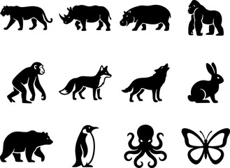 Set of wild animal silhouettes including tiger rhino gorilla and bear vector icons with silhouette © BD 