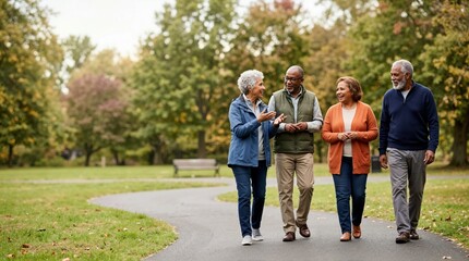 Obraz premium Diverse group of elderly friends walking on a park path. Happy senior men and women talking and enjoying an autumn stroll