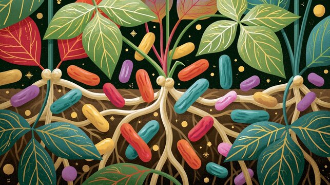 A vibrant illustration of root nodules on plants, showcasing colorful nitrogen-fixing bacteria interacting with roots in a lush ecosystem.