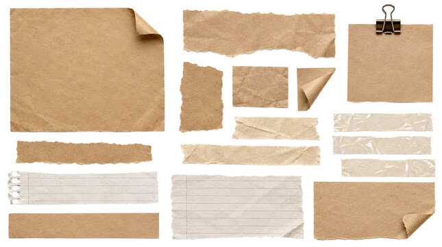 Assorted collection of old crumpled brown paper scraps and tape.
