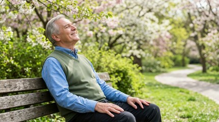 Obraz premium Elderly man enjoying the spring sun on a park bench. Happy senior relaxing outdoors surrounded by blooming trees