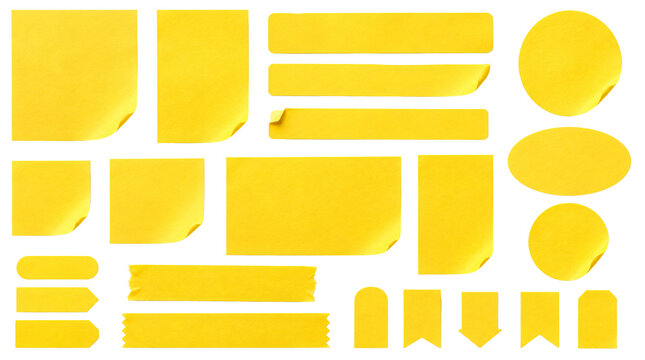 Collection of yellow sticky notes various shapes and sizes isolated.