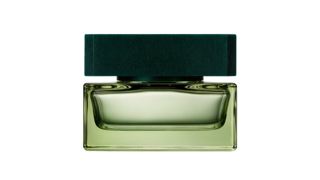 Isolated luxury green glass perfume bottle with dark green cap on clear backdrop