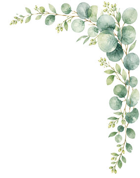 Elegant watercolor eucalyptus leaf branch corner frame design.