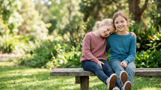 Two young girls sitting on a wooden bench in a green park. Smiling child resting her head on her friends shoulder. Childhood friendship and bonding concept