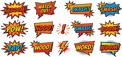 Comic Speech Bubble Sound Effects Collection with Pop Art Explosion Labels Cartoon Action Words and Retro Superhero Elements © Mimi